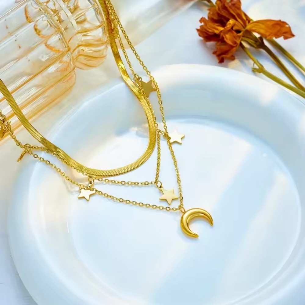 18K Gold Moon & Stars Celestial Bohemian Vintage Style Layered Necklace No Fade - Picture 13 of 14